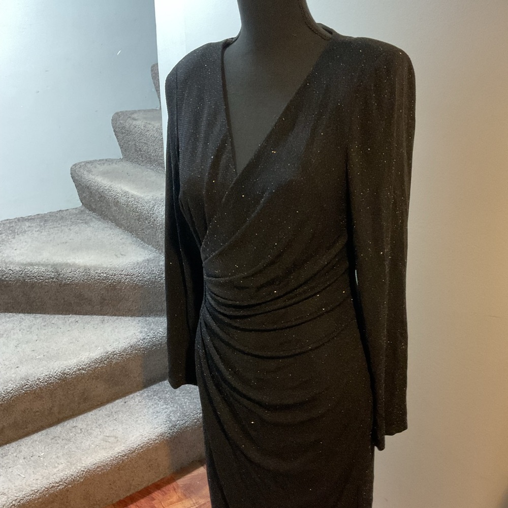 Jessica Howard Womens Black Gathered Knee Length Party Faux Wrap Dress